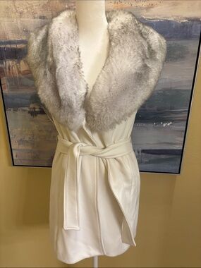 White House Black Market Cream Wrap Vest with Gray Faux Fur Collar